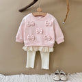 New Design Fashion Baby Girl Clothes Spring Fall 3D Bow Decoration Lace Hem Top+Casual Solid Color Pant Sets
