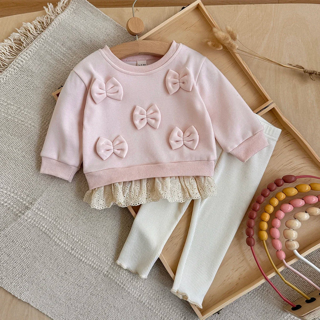 New Design Fashion Baby Girl Clothes Spring Fall 3D Bow Decoration Lace Hem Top+Casual Solid Color Pant Sets