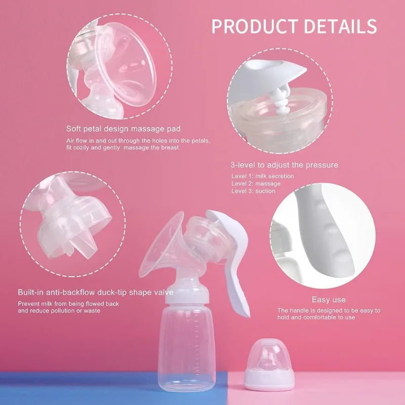 Portable Manual Breast Pump with Painless Breast Soak Silicone Flange 150ml 3 Level Adjustable Pressure Breastfeeding Pumps