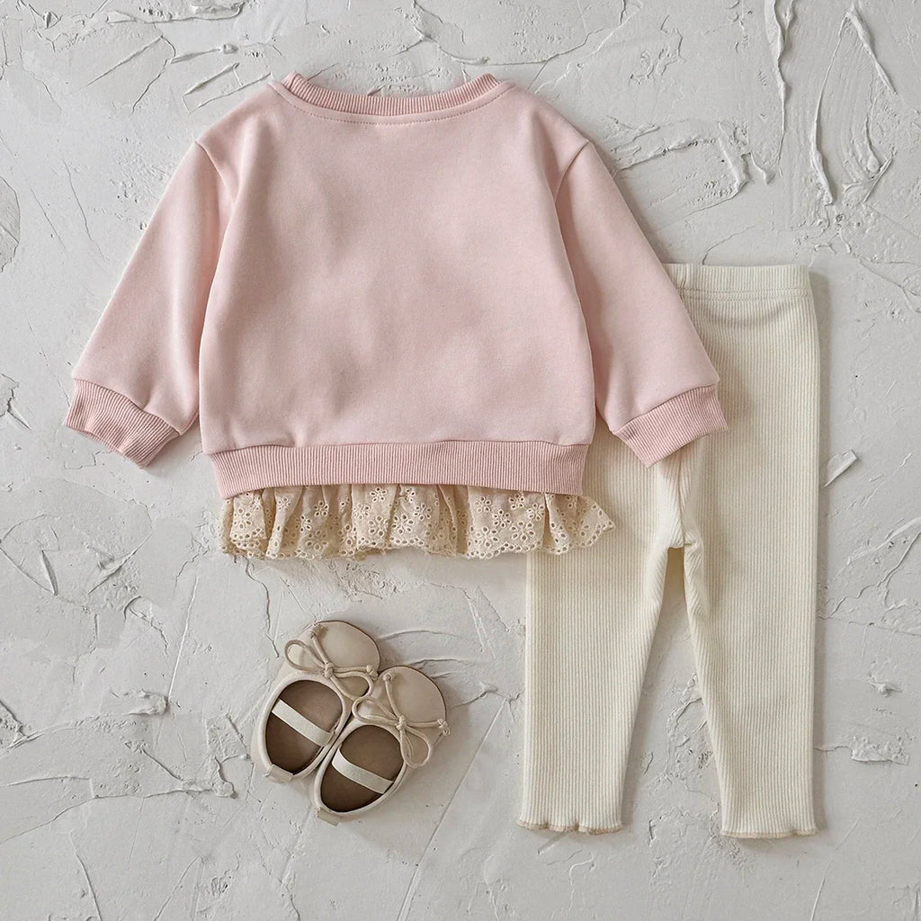 New Design Fashion Baby Girl Clothes Spring Fall 3D Bow Decoration Lace Hem Top+Casual Solid Color Pant Sets