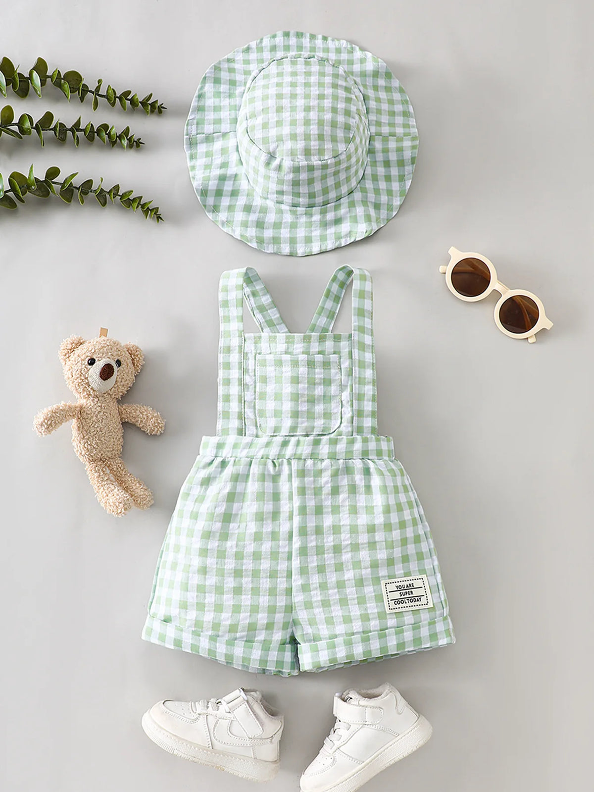 Baby Plaid Suspender Shorts and Sun Hat Set, Breathable and Cute for Outdoor Play in Summer, Comfortable and Stylish